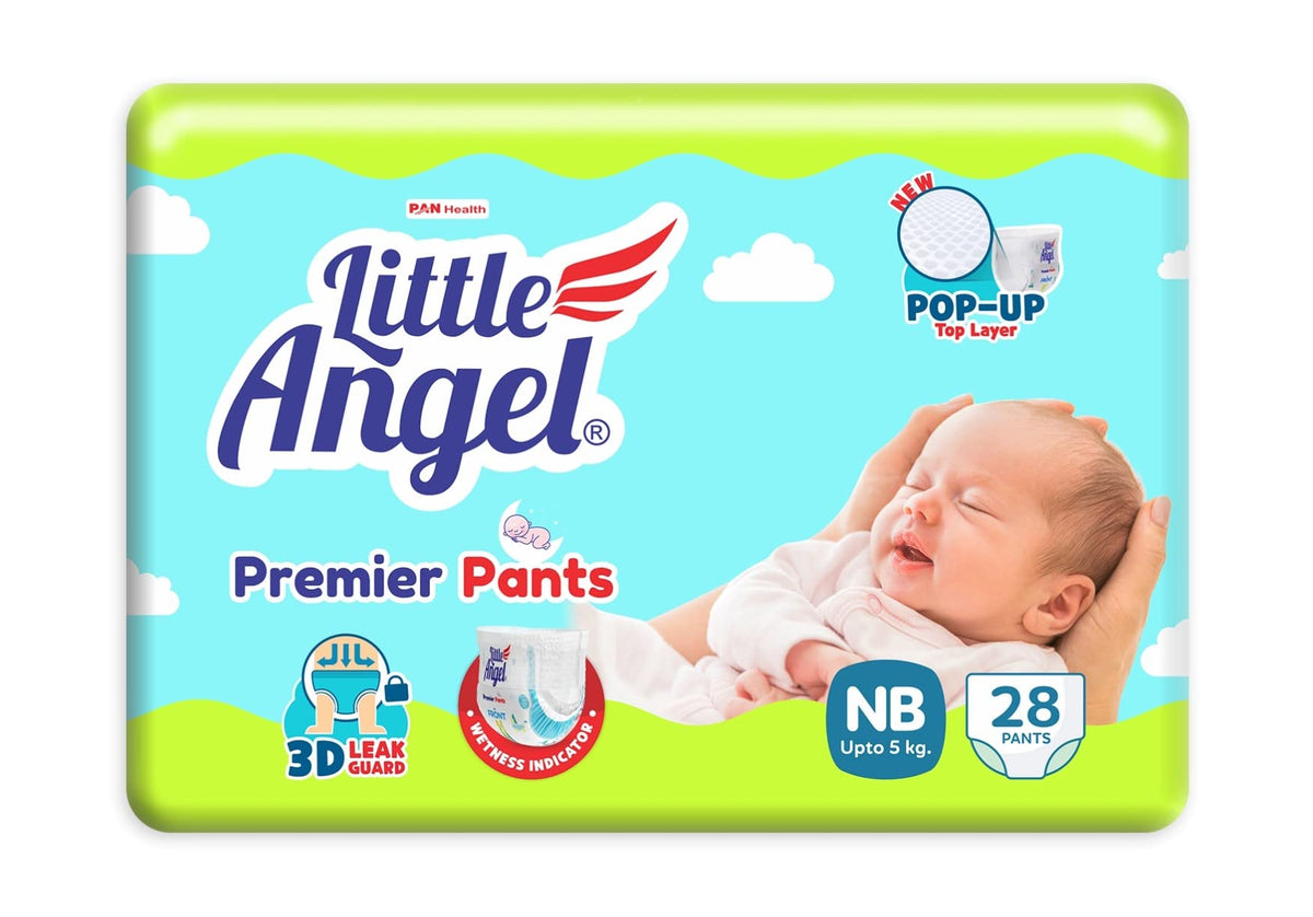 Little Angel Premier Pants Baby Diaper, New Born (Nb/Xs) Size, 28 Count, Cottony Soft Material, Wetness Indicator, Breathable La