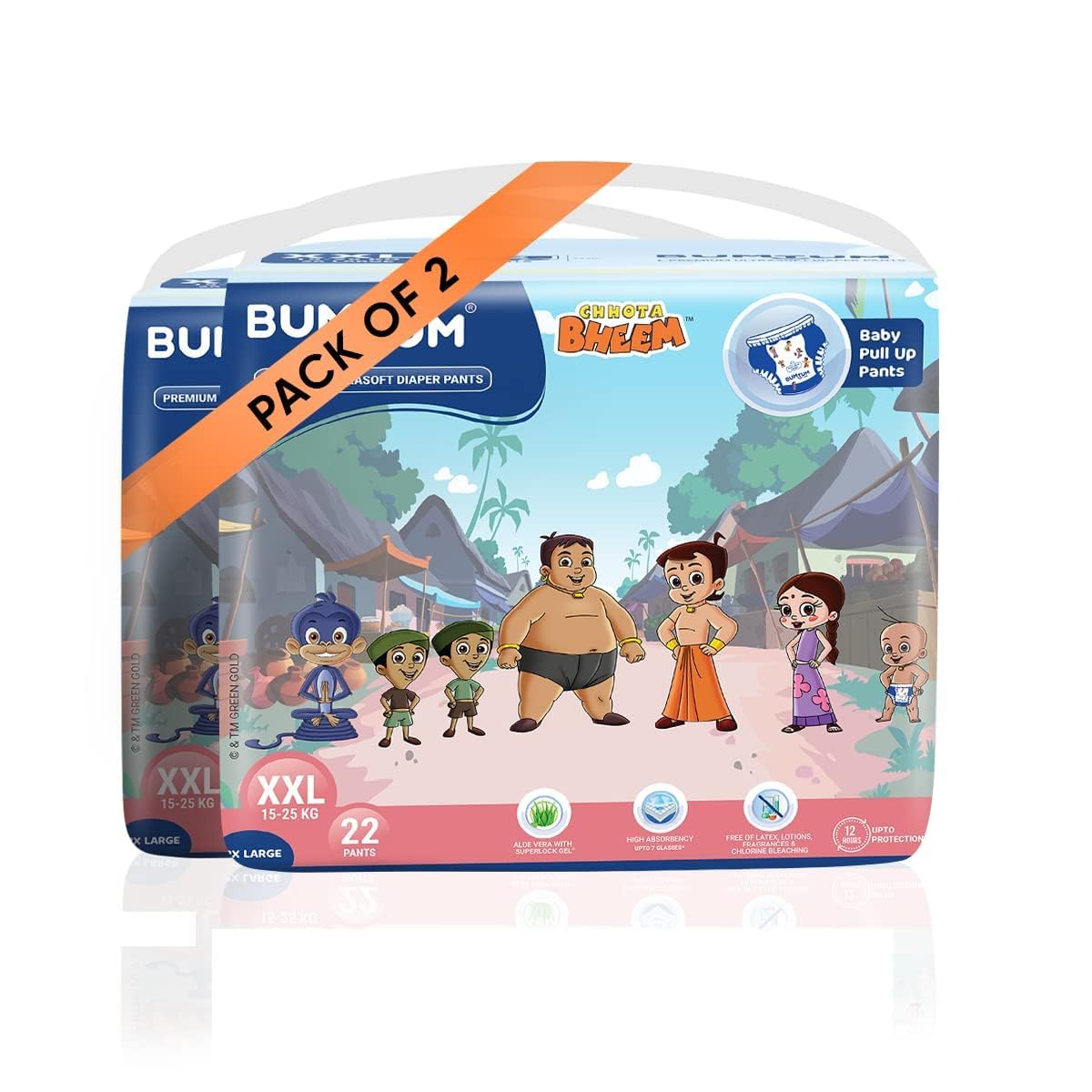 Bumtum Chota Bheem Baby Diapers | Pant Style Baby Diapers Xxl Size, 44 Count | Double Layer Leakage Protection Infused With Aloe