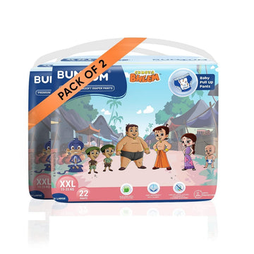 Bumtum Chota Bheem Baby Diapers | Pant Style Baby Diapers Xxl Size, 44 Count | Double Layer Leakage Protection Infused With Aloe
