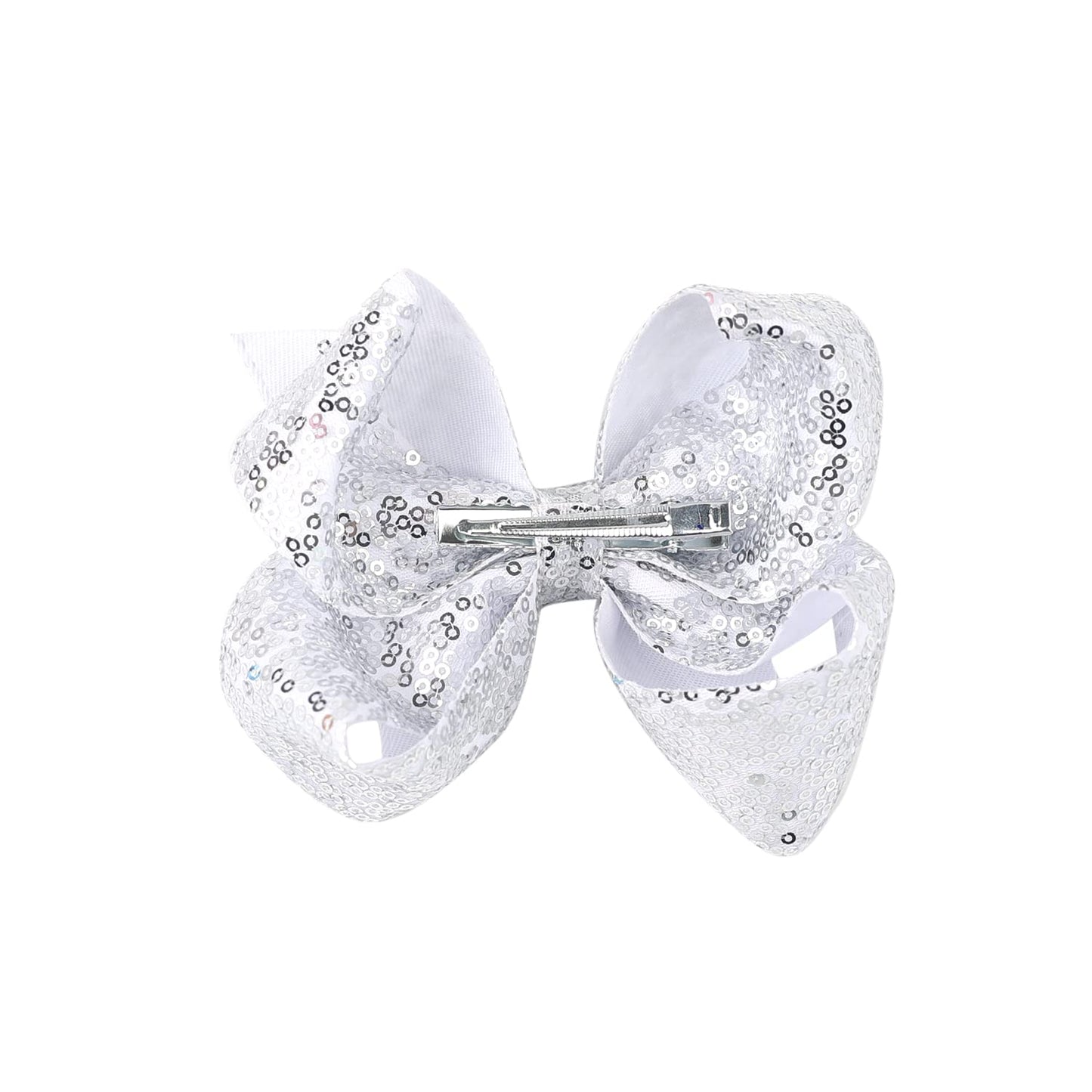 Amydecor 6 Inch Silver Sparkly Glitter Sequin Hair Bows For Girls Toddlers Kids Children Teenage (2Pcs)