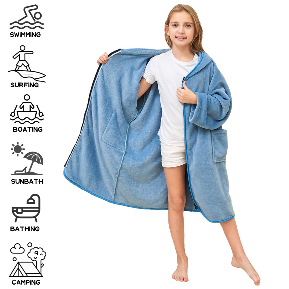 Hiturbo Kids Bath Towel Hoodie: Soft Plush Zipper Surf Poncho - Warm Fleece Changing Towels Swimming Outerwear (Gray)