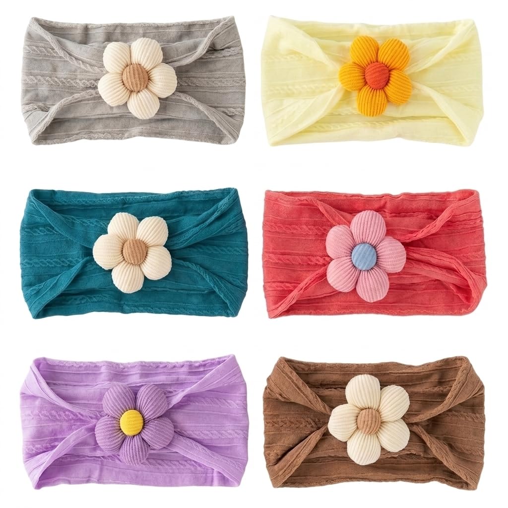 Sednria Baby Girl Nylon Headbands Set With Soft Flower Bow, Stretchable Elastic Hair Bands For Newborn Infant Toddler Kids, Cute