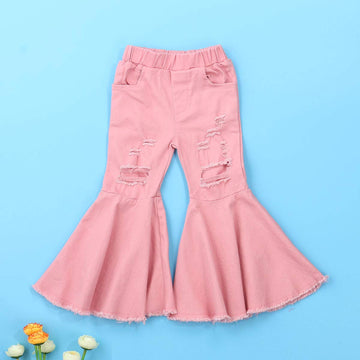 Icectr Toddler Baby Girls Kid Flared Denim Pants Ruffled Wide Legs Ripped Jeans High Waist Bell Bottoms Casual Outfit (Pink, 5-6