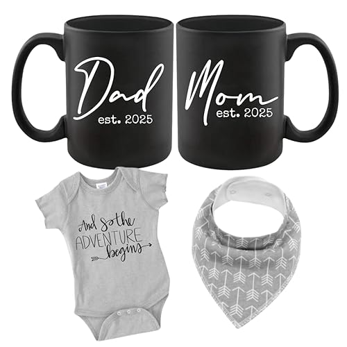 Pregnancy Gift Est 2023 - New Mommy And Daddy Est 2023 11 Oz Black Mug Set With 'And So The Adventure Begin' Romper (0-3 Month