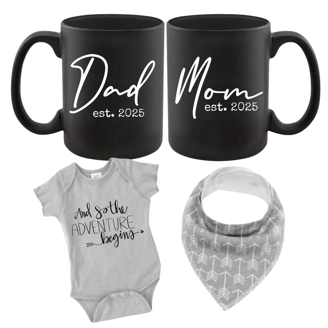 Pregnancy Gift Est 2023 - New Mommy And Daddy Est 2023 11 Oz Black Mug Set With 'And So The Adventure Begin' Romper (0-3 Month