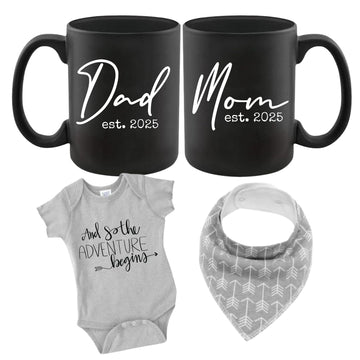 Pregnancy Gift Est 2023 - New Mommy And Daddy Est 2023 11 Oz Black Mug Set With 'And So The Adventure Begin' Romper (0-3 Month