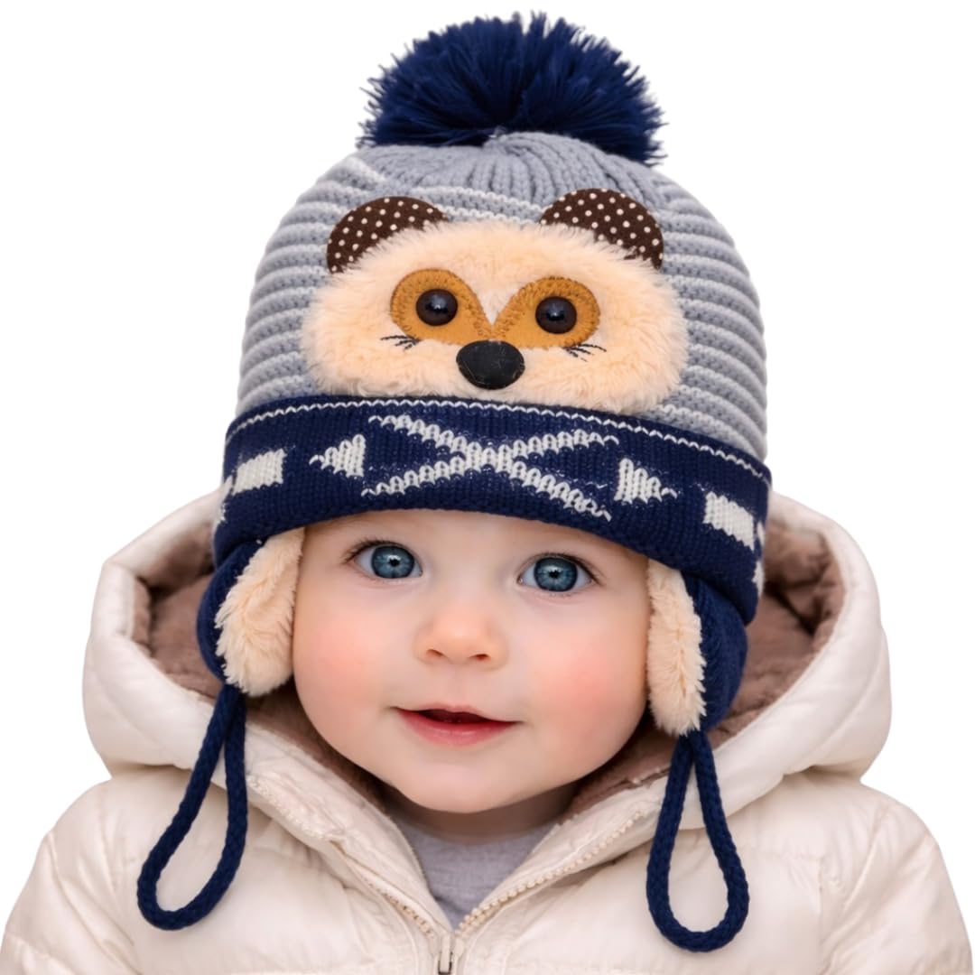 Motherlike Baby Woolen Cap With Ear Flaps With Pom Pom, For Toddlers 23 Years (Grey & Navy Blue)