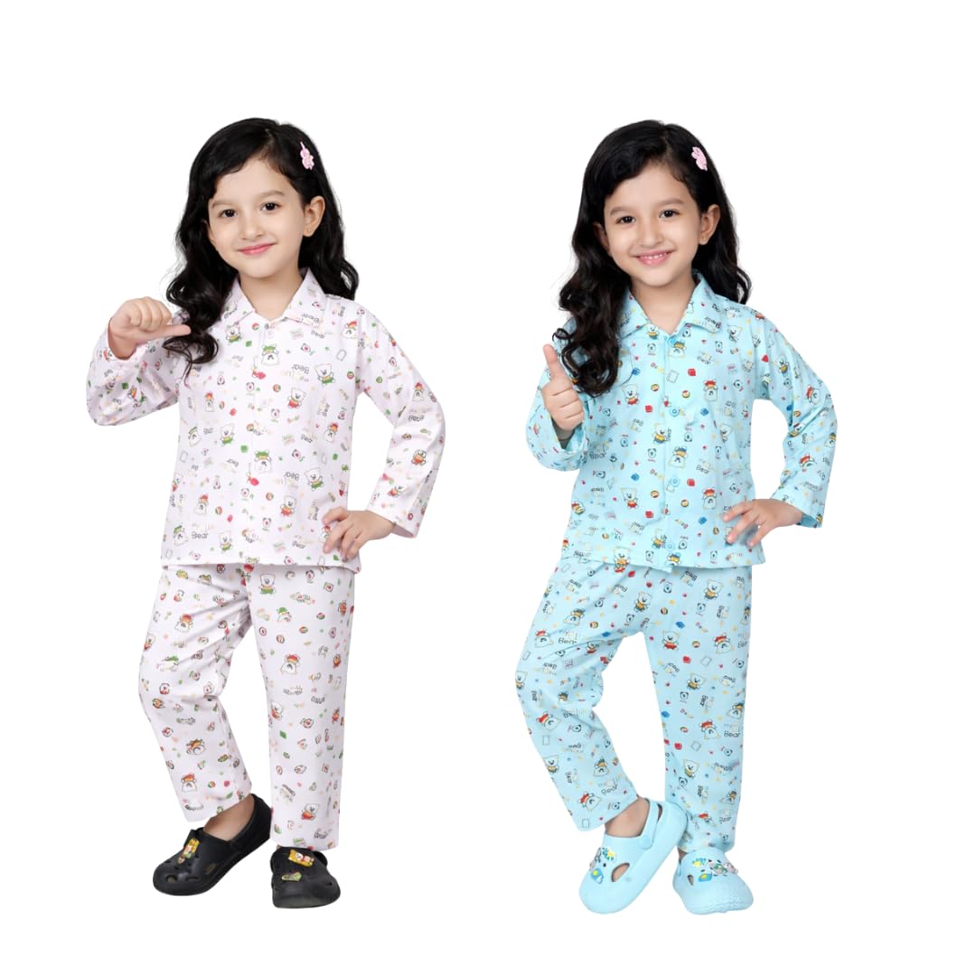 BORNLOV Girls Cotton Night Suit Set, Pink and Blue Full Sleeves Collar Pajama Set, Bear Printed Sleepwear, Pack of 2  (11 Years
