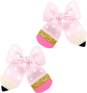 2Pcs Back To School Hair Bows Pink Pencil Hair Clips Grosgrain Ribbon Bow Hair Accessories First Day of School for Girls Toddler