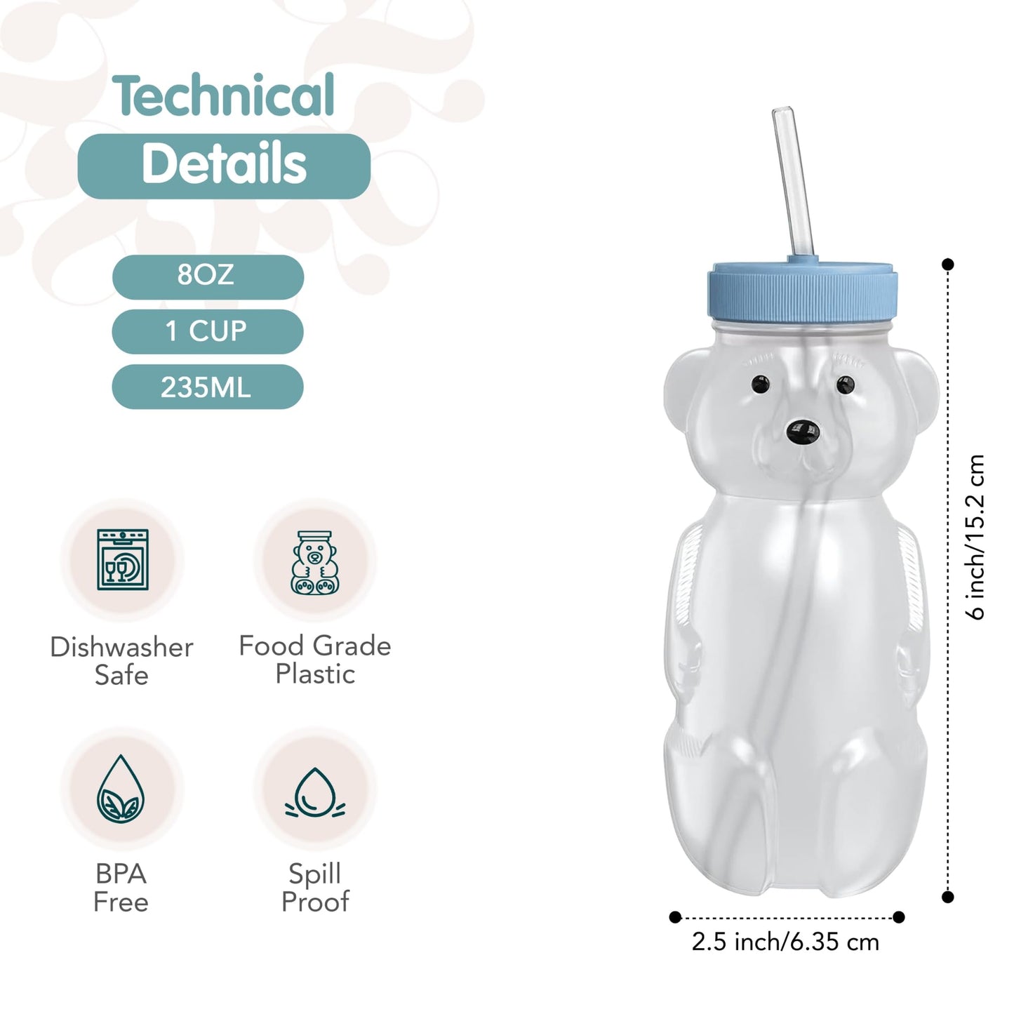 The 730 Project Honey Bear Straw Cup For Babies, 8-Oz Honey Bear Cup With Lid, 3-Pack Therapy Learning Honeybear Straw Cup, Baby