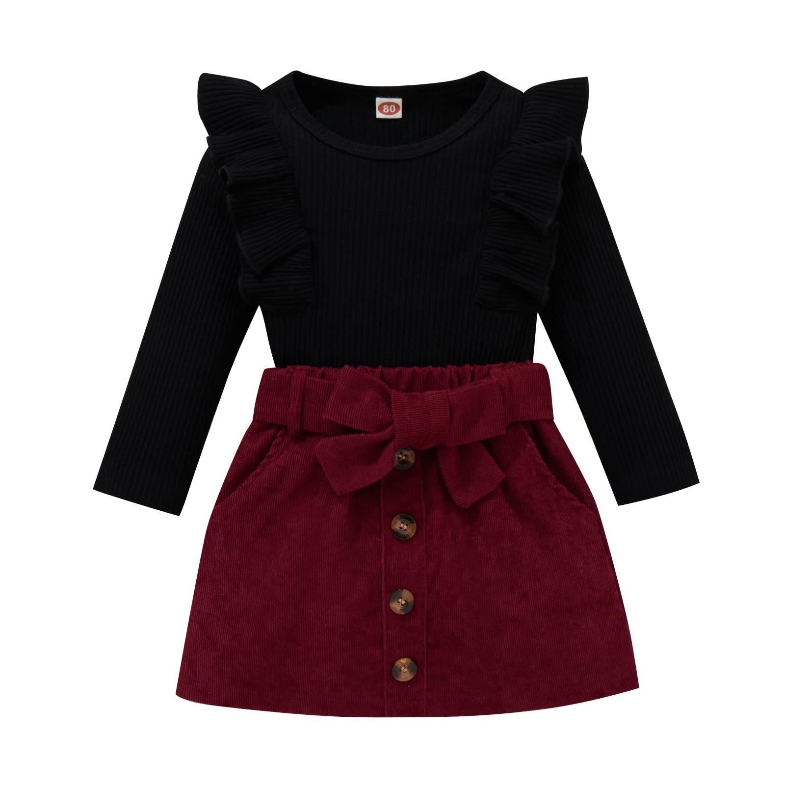 Rsrzrcj Kids Toddler Baby Girl Fall Winter Clothes Long Sleeve Ruffle Knit Sweater Top Corduroy Mini Skirt 2Pcs Outfits Set (Ruf