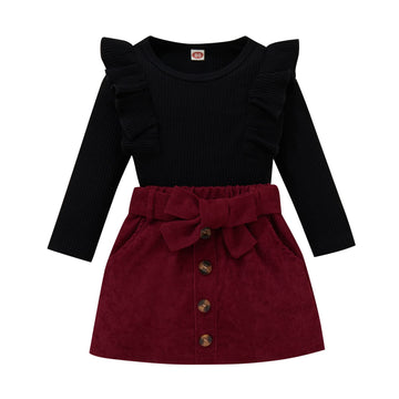 Rsrzrcj Kids Toddler Baby Girl Fall Winter Clothes Long Sleeve Ruffle Knit Sweater Top Corduroy Mini Skirt 2Pcs Outfits Set (Ruf