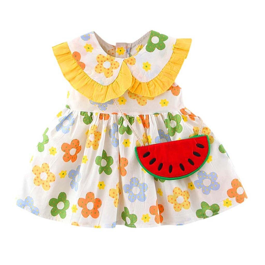 Bold N Elegant One In Melon Girls Sleeveless Cotton Floral Print Summer Party Dress Frock With Faux Bag Purse For Infant Toddler