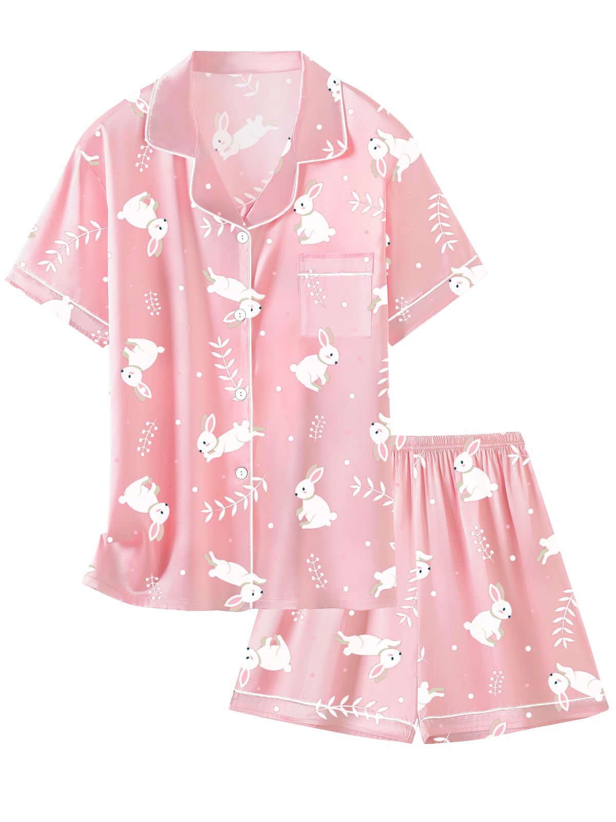 Girls & Womens Satin Pajamas Set, Silk ButtonDown Sleepwear 2 Piece Nightwear, 3 Years  Women XXL, Bunny Pink, 1112 Years
