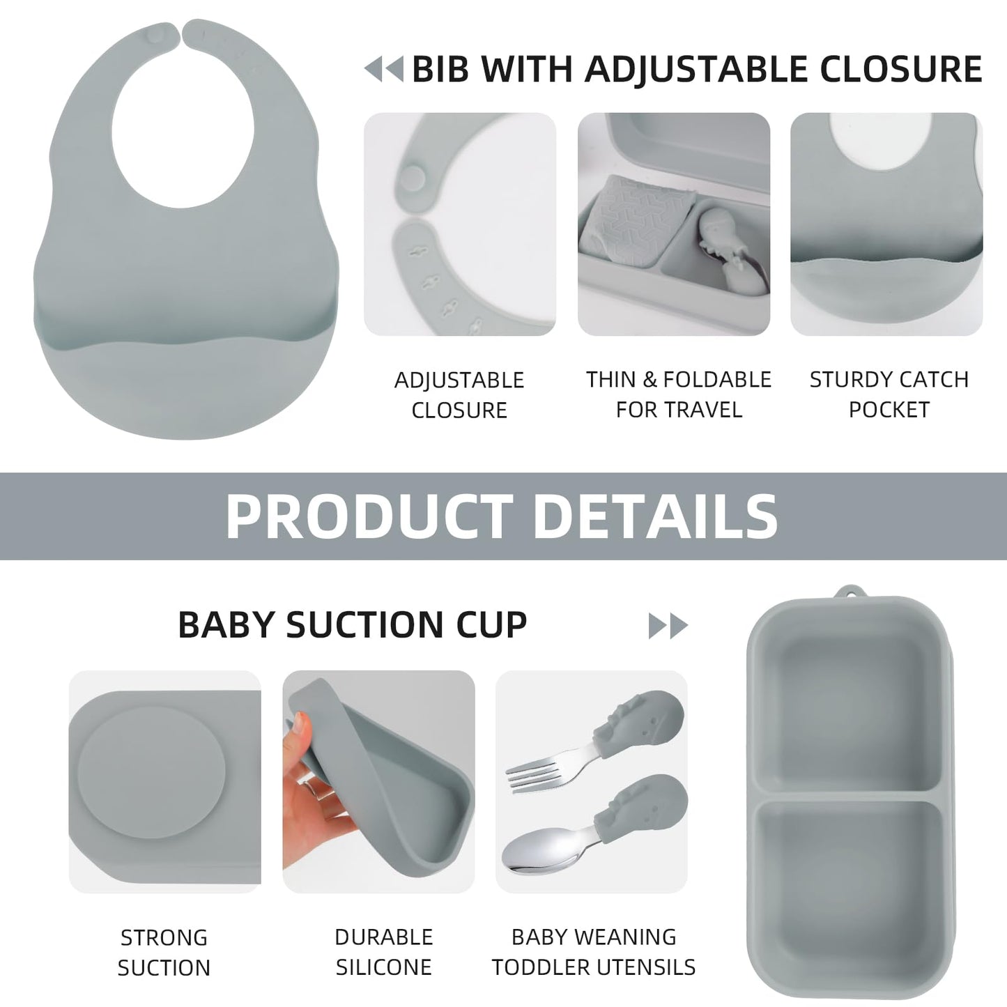 Travel Silicone Baby Feeding Set With 316 Stainless Steel Spoon & Fork ,Silicone Suction Plates, Foldable Bib, Storage Bag - Por