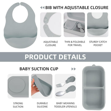 Travel Silicone Baby Feeding Set With 316 Stainless Steel Spoon & Fork ,Silicone Suction Plates, Foldable Bib, Storage Bag - Por