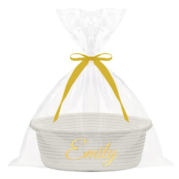 Hutario Personalized Woven Basket Embroidered Name With Gift Bags And Ribbons,Empty Small Rope Basket,Durable Storage Custom Whi