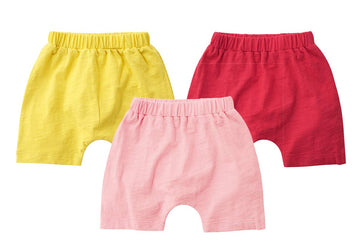 Teach Leanbh Unisex-Baby 3-Pack Cotton Soild Color Short With Drawstring 3-24 Months (6-12 Months, Pink/Yellow/Red)