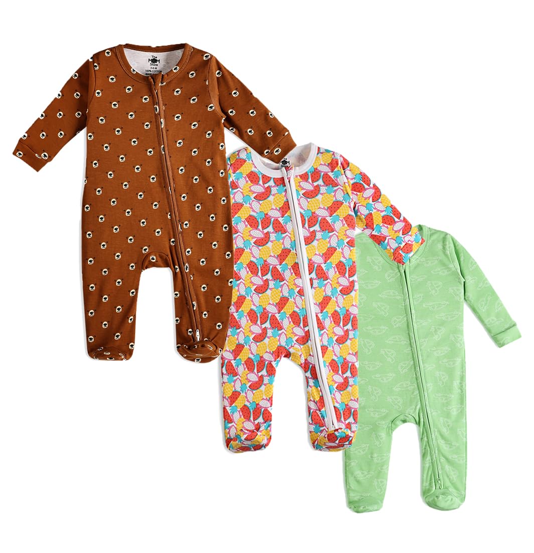 The Mom Store Baby Zipper Romper Cotton Soft And Comfortable Kids Bodysuit Sleep Wear Front Zippers Printed Combo Of 3 (Beary Be
