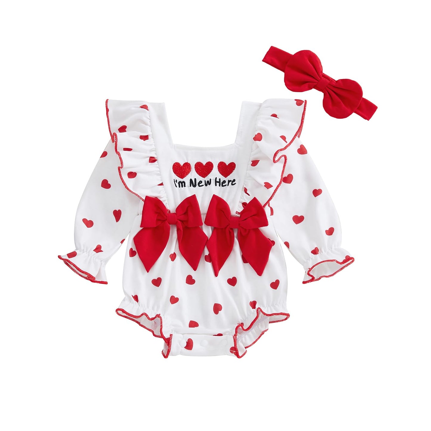 Dcohmch Baby Girls Valentines Day Outfit Heart Print Bow Ruffles Long Sleeve Romper Cute Headband Newborn Clothes (Red, 3-6 Mont