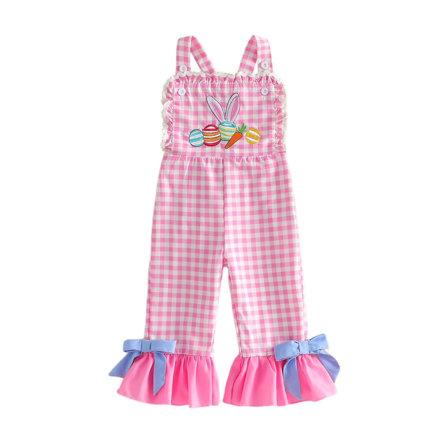 Mieeyali Toddler Baby Girl Easter Outfit Overalls Bunny Egg Romper Cute Smocked Gingham Bell Bottom Suspender Jumpsuit (Pink Egg