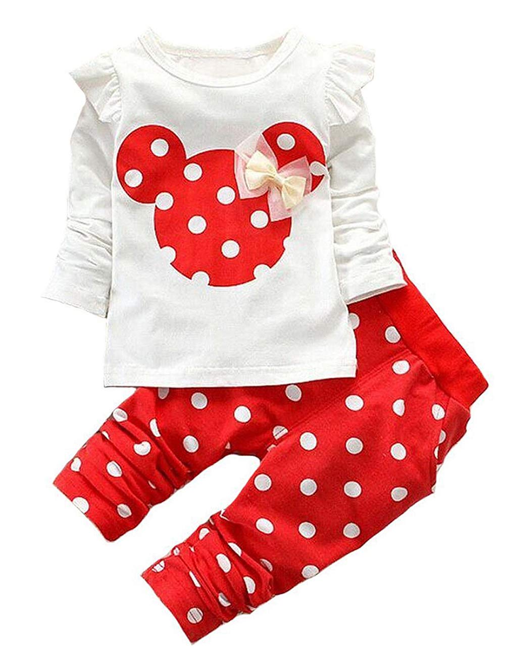 Cute Toddler Baby Girls Clothes Set Long Sleeve T-Shirt And Pants Kids 2Pcs Outfits (White+Red, 3-6 Months)