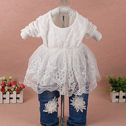 Yao 6M-4Y Infant 3Pcs Baby Girls Clothes Set Toddler Outfits Lace Dress Jacket And Jeans (1-2Y,Flower-White)
