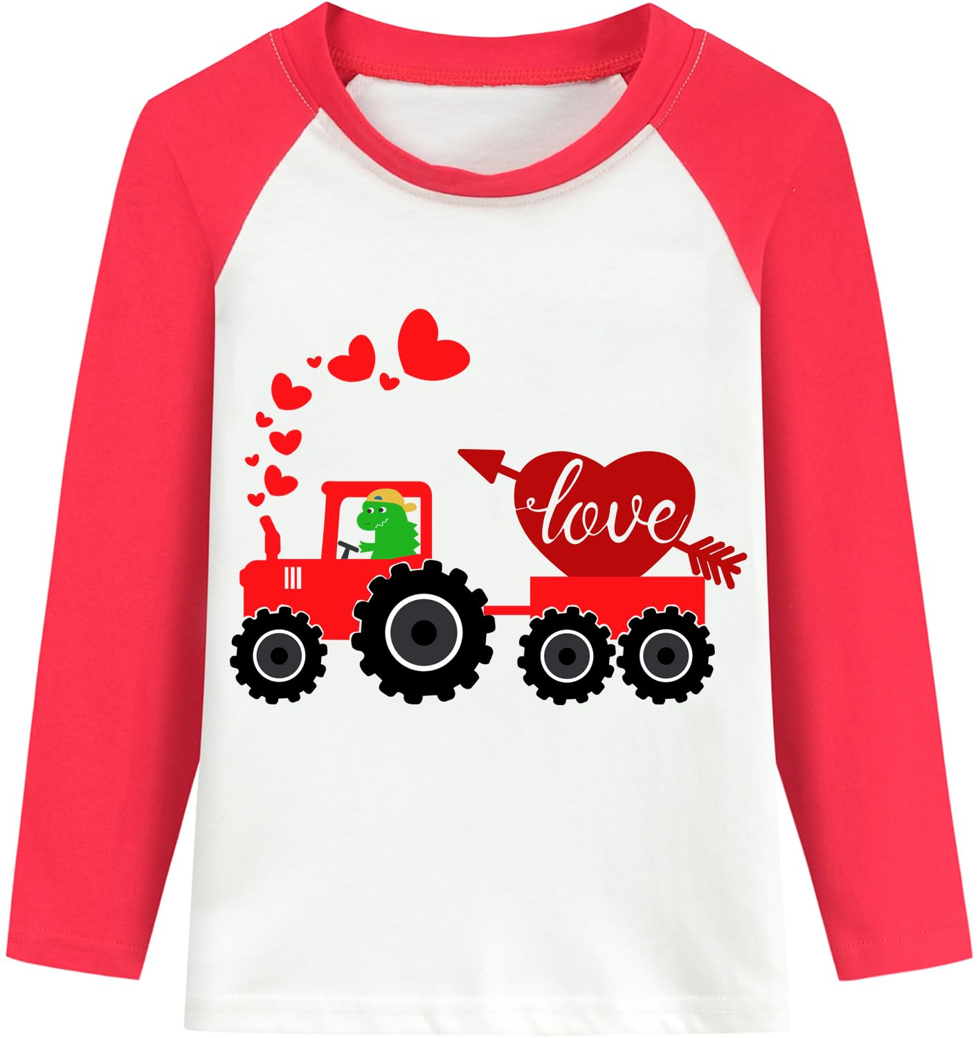 Ddsol Toddler Little Boy Valentine Day T-Shirt Baby Kid Red White Dinosaur Love Heart Monster Truck Shirt Raglan Long Sleeve Cot