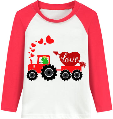 Ddsol Toddler Little Boy Valentine Day T-Shirt Baby Kid Red White Dinosaur Love Heart Monster Truck Shirt Raglan Long Sleeve Cot