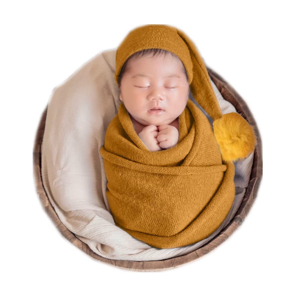 Vemonllas Fashion Cute Newborn Baby Photography Props Outfits Boy Girl Knitted Long Tail Hat With Wrap Blanket Set (Ginger Yello