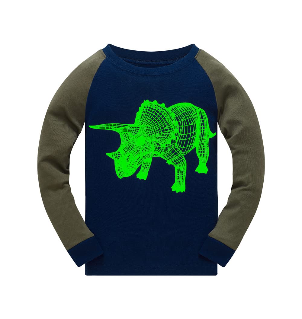 Popshion Boys Pajamas Glow In The Dark Dinosaur Pj Long Sleeve Triceratops Kids Jammies Clothes Set Toddler Winter Dino Pjs 3T