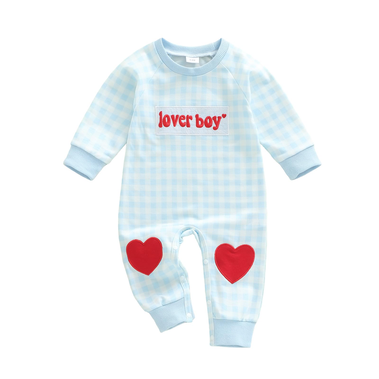 Mieeyali Baby Boy Valentines Day Outfit Lover Boy Baby Outfit Heart Romper Gingham Long Sleeve Jumpsuit Newborn Clothes (Blue Lo