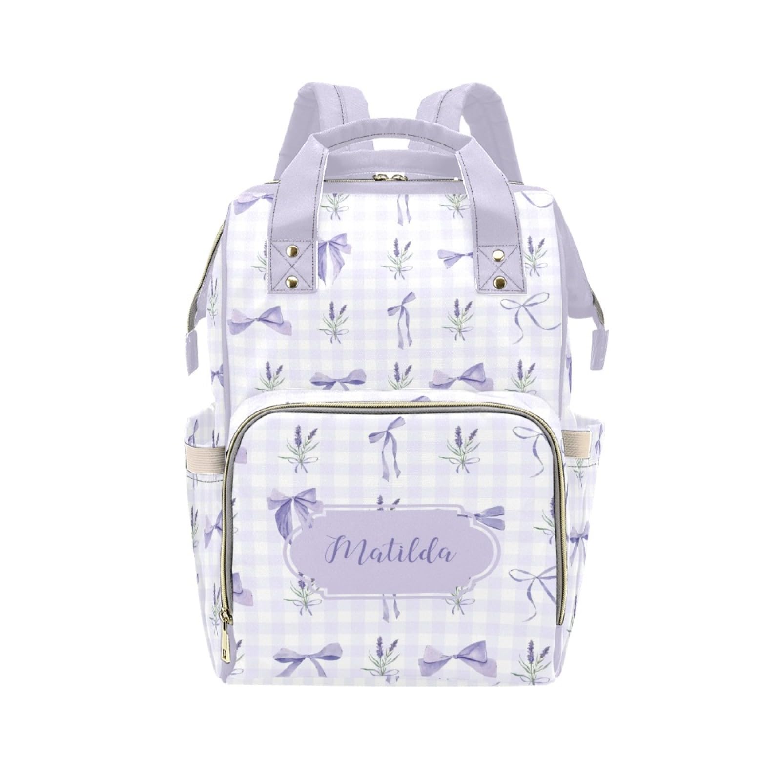 Custom Purple Bow Baby Diaper Bag with Name - Personalized Nursing Travel Tote Backpack for Mom or Dad, Custom Name Baby Daypack