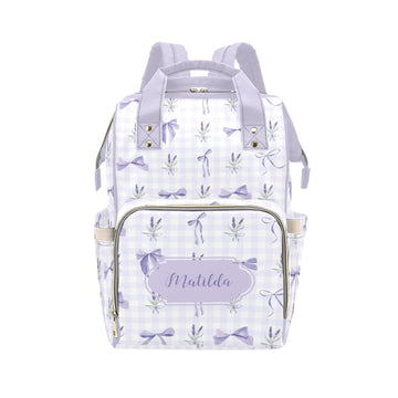 Custom Purple Bow Baby Diaper Bag with Name - Personalized Nursing Travel Tote Backpack for Mom or Dad, Custom Name Baby Daypack
