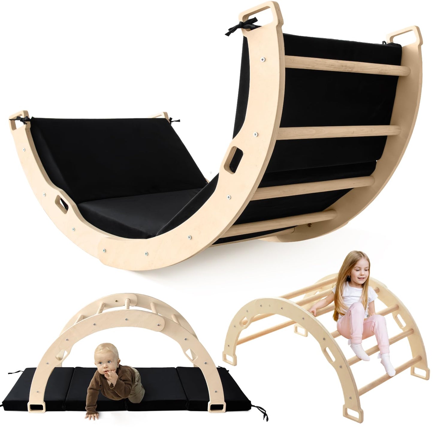 Sherilyn Kids Climber Arch Rocker with Cushion Black, Montessori Climber Indoor Climbing Toys for Toddler, Arch Climber Wooden I
