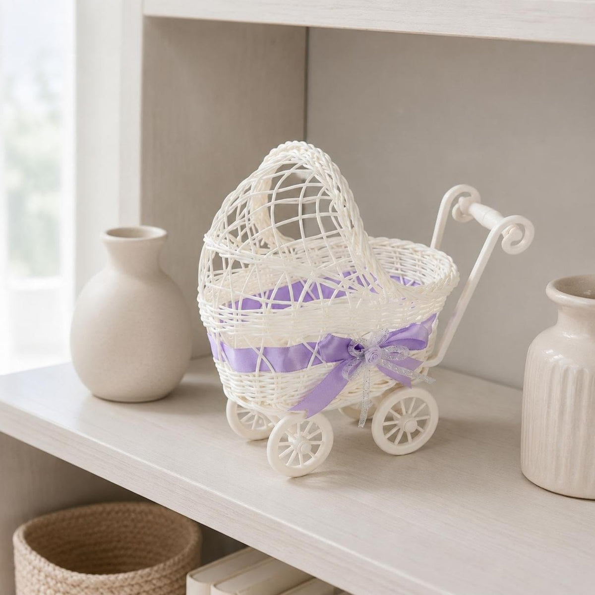 ZELPHORA pramStyle Woven Basket RattanLike Stroller Shaped Basket Snowy Home Decor Red