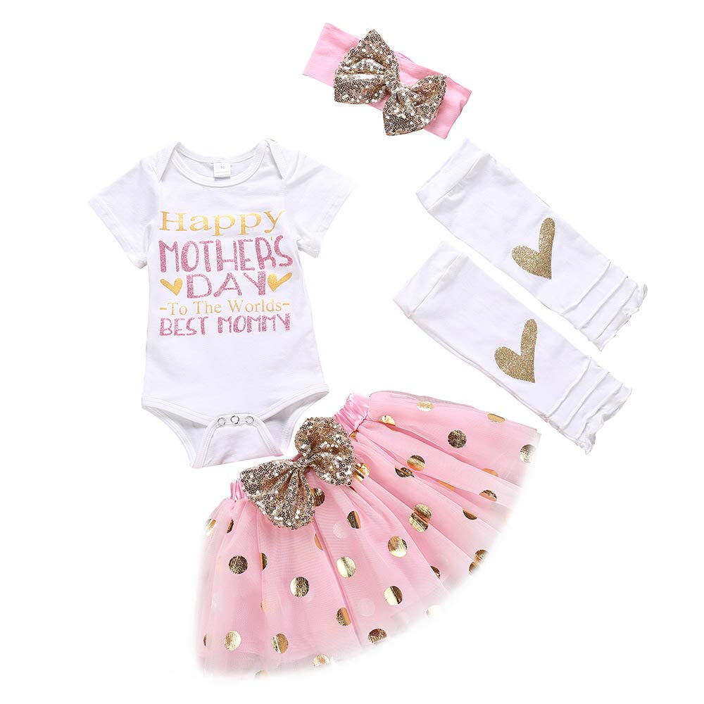 Xfglck Newborn Infant Baby Girl My 1St Mother'S Day Skirt Set Romper+Tutu Pink Dot Skirt+Headband+Legging Warmer 4Pcs (Pink+Whit