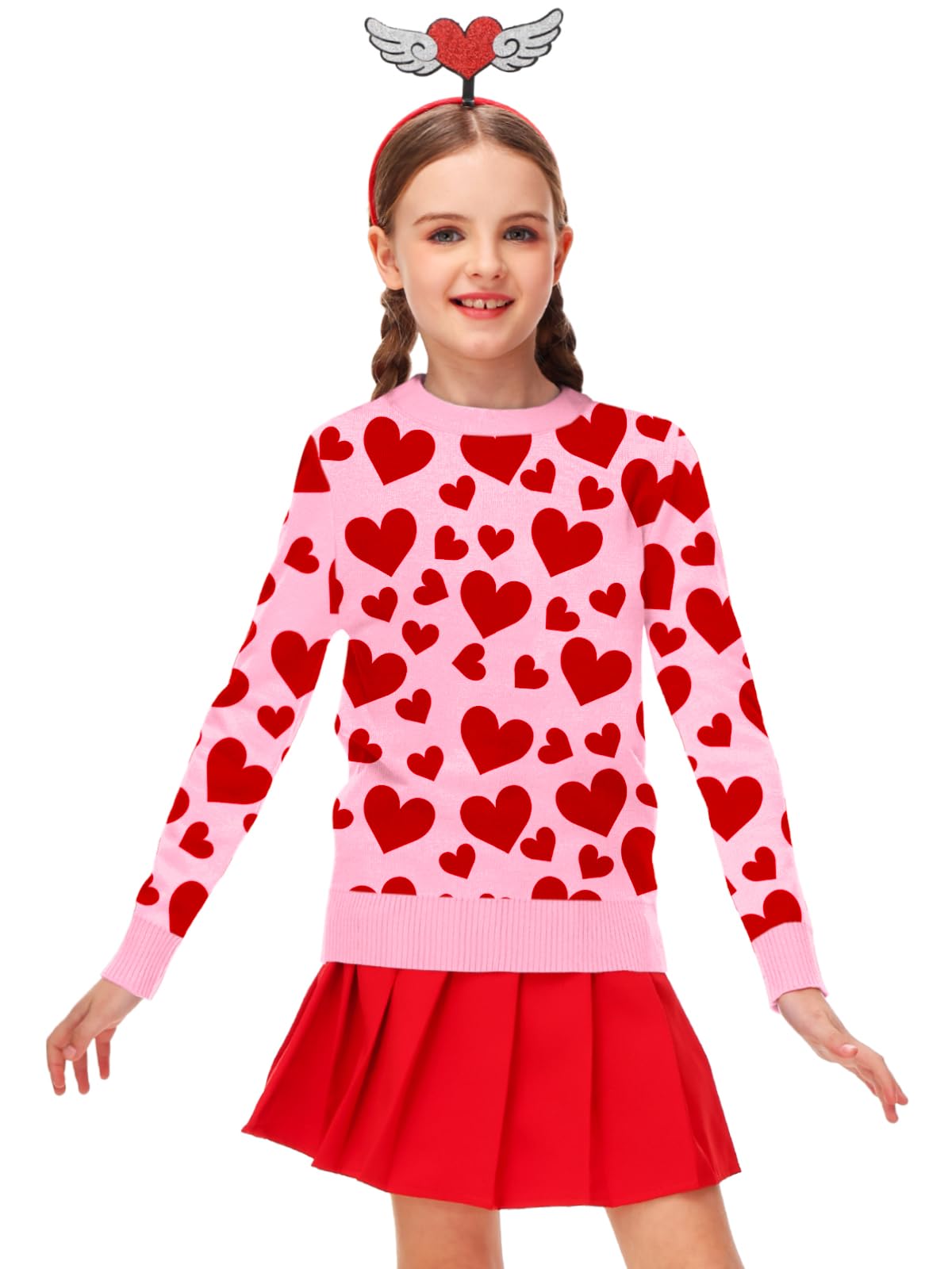 Red Heart Sweater Tops For Girls Valentine Day Love Sweatshirts Unisex Kids Long Sleeve Outfit Pink 5-6 Years