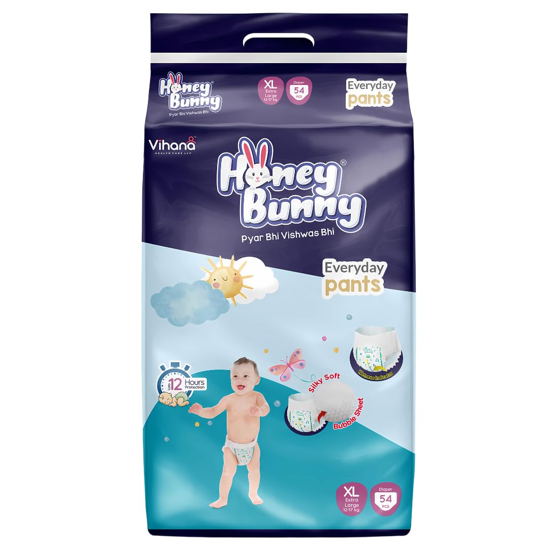 Honey Bunny Everyday Baby Diapers Pants | Extra Large (Xl), 54 Count, 1217 Kg | Silky Soft On Skin | 12 Hours Protection Baby D