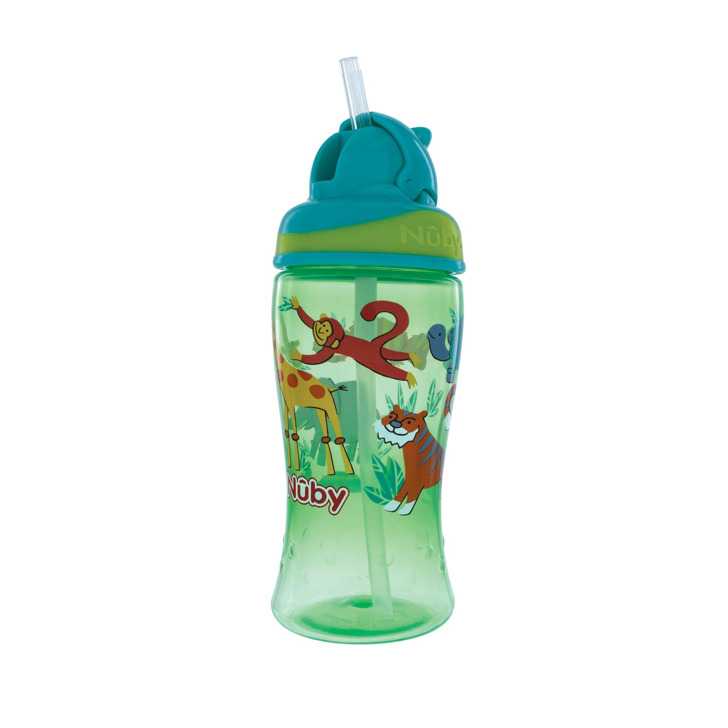 Nuby 2-Pack Thirsty Kids No-Spill Flip-It Printed Boost Cup With Thin Soft Straw - 12Oz, 18+ Months, 2-Pack, Pink Fox & Green Ti