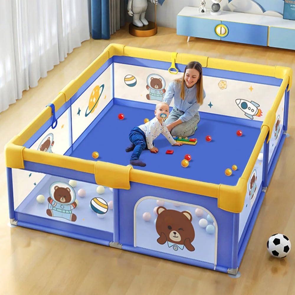 Moppets Baby Playpen / Playard 150*180Cm For Kids Upto 5Yrs, Play Fence With Ocean Balls, AntiFall Grasp Rings & Safety Lock, P