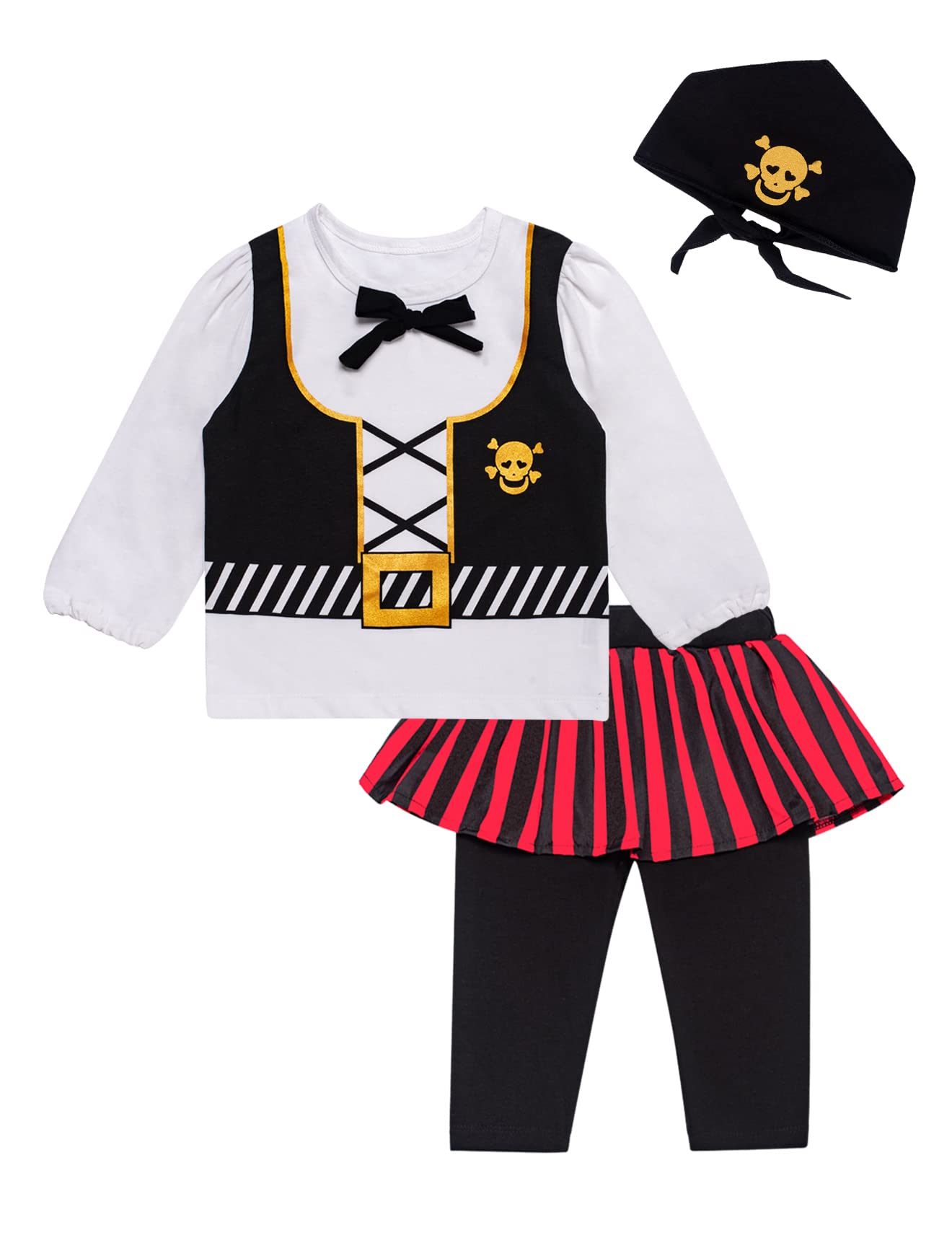 Auggle 3Pc Toddler Baby Girl Outfits Halloween Costume Stripe Skirt Kid Pirate Long Sleeve With Hat (Black, 4T)