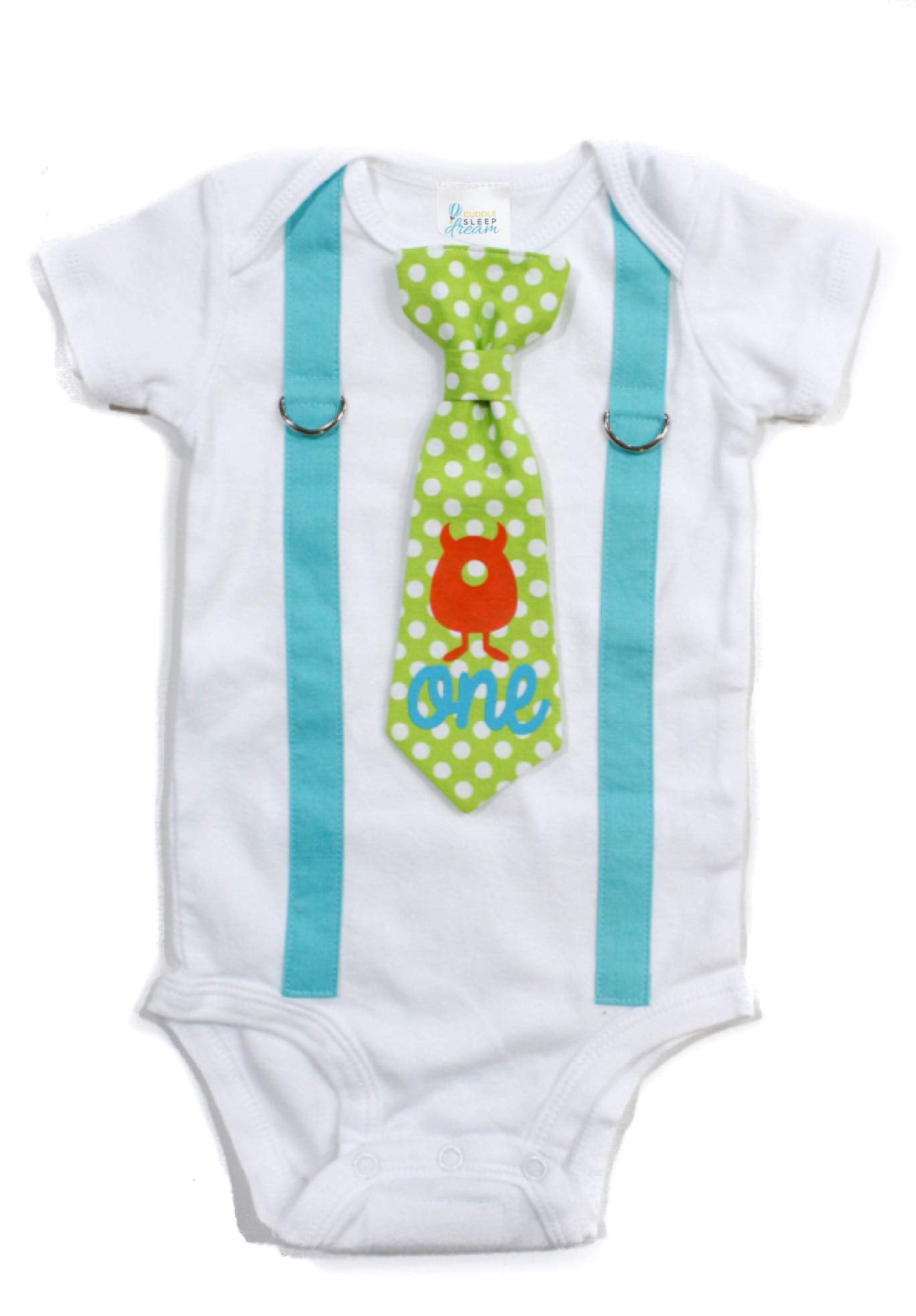 Cuddle Sleep Dream Baby Boy 1St Birthday Outfit Cake Smash Bodysuit With Tie And Suspenders Birthday Shirt (24 Month, Monster)