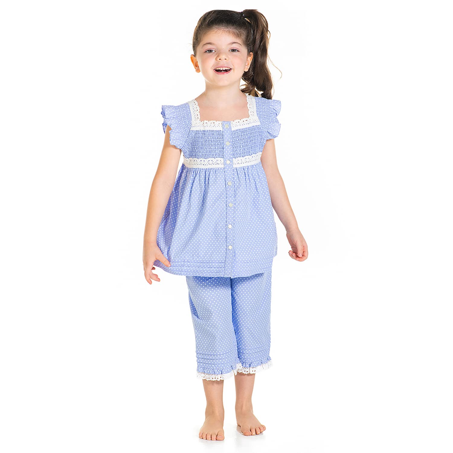Cherry Crumble Blue Polka Dot 100% Cotton Cap Sleeves Square Neck Night Wear Regular Fit Lace Summer Nightsuit for Girls