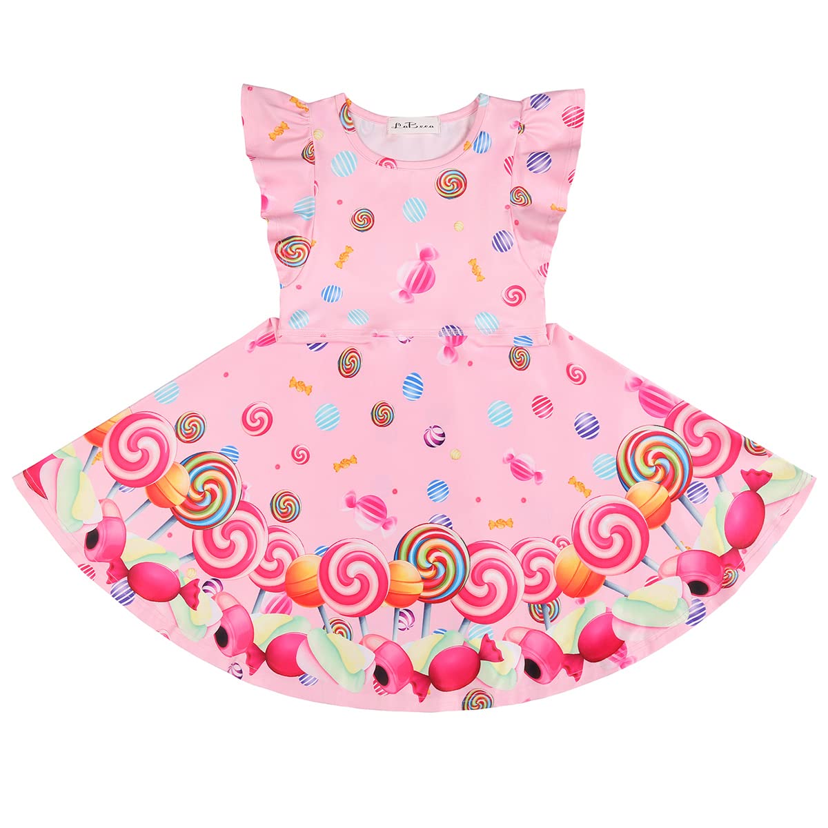 Labeca Baby Girls Printed Casual Party Dresses Twirly Ruffle Sleeve Dress Lollipop Cap Xs