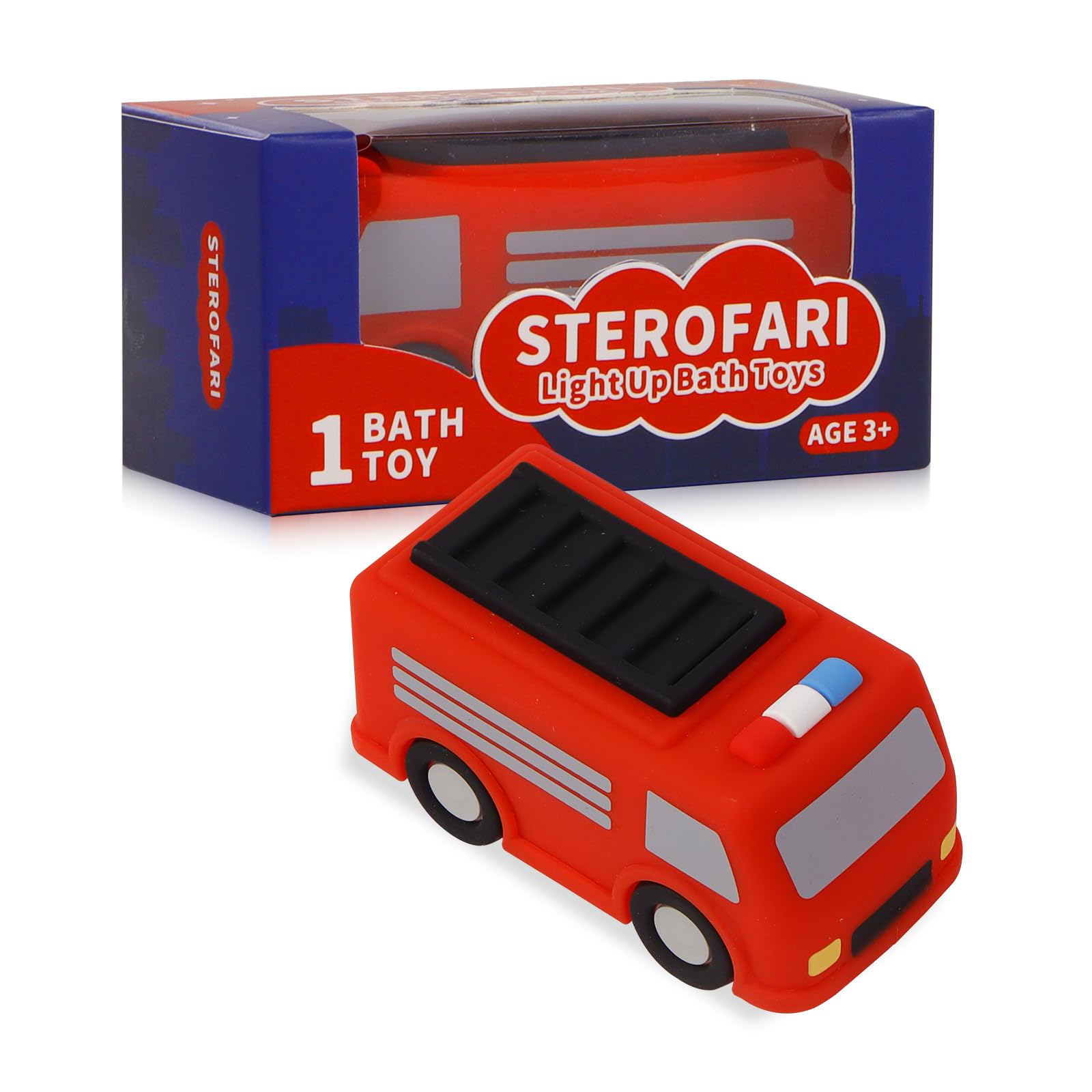 Sterofari Light Up Bath Toy -Fire Engine, 100% Food Grade Silicone Bathtub Toys, Shake-Activated Light Up Airplane Toy Flash & L