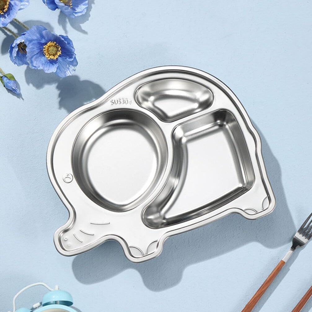 Happy Hues Stainless Steel Divided Meal Plate Tray3 Compartments Dinner Dish For Baby (Elephant)