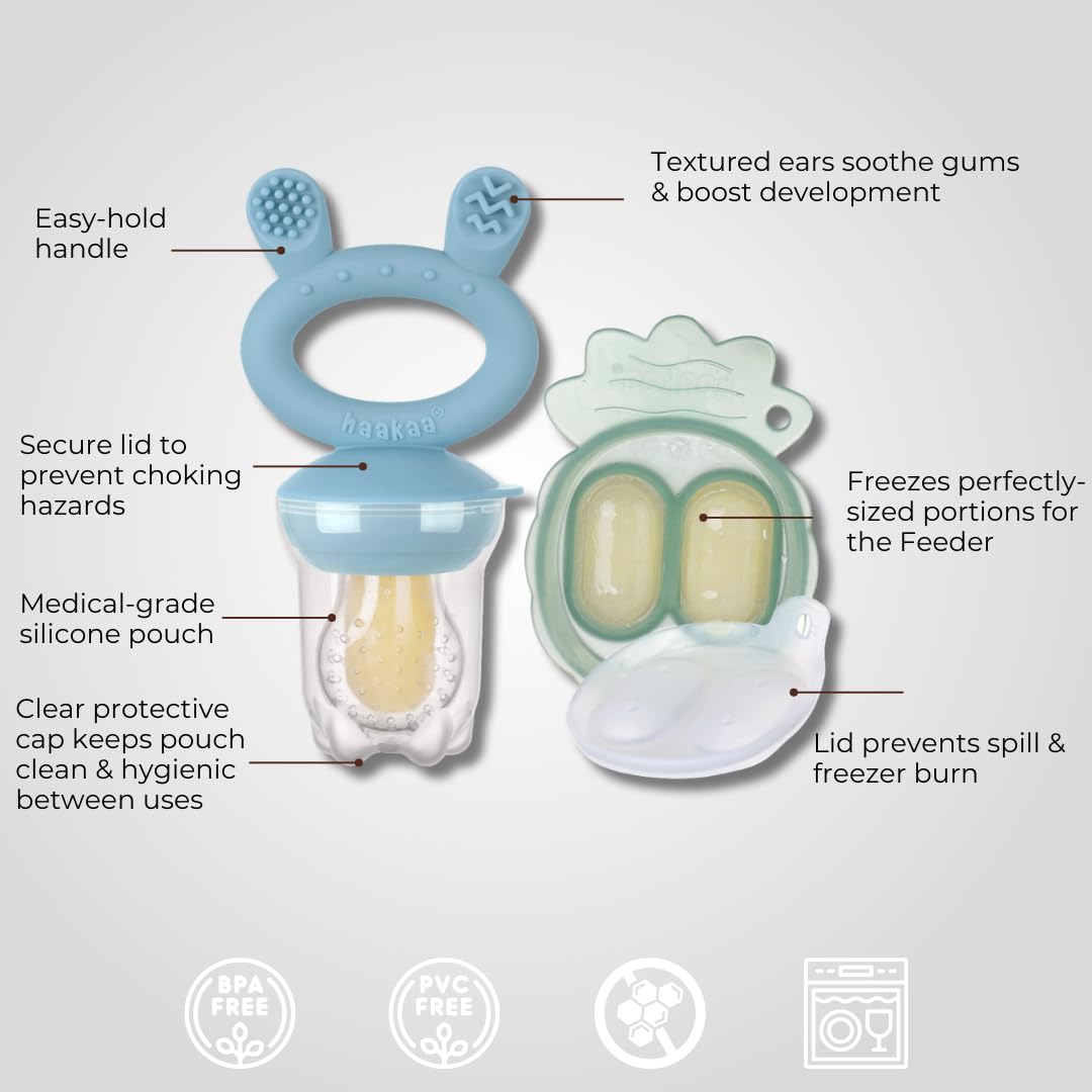 Haakaa Freeze-N-Feed Mini Combo With Silicone Food Feeder & Silicone Mini Nibble Tray|Baby Solid Food Self Feeder|Breastmilk Pop