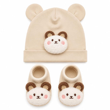 Baby Station Newborn Cap & Booties Set With Bear Ears Cotton Cream