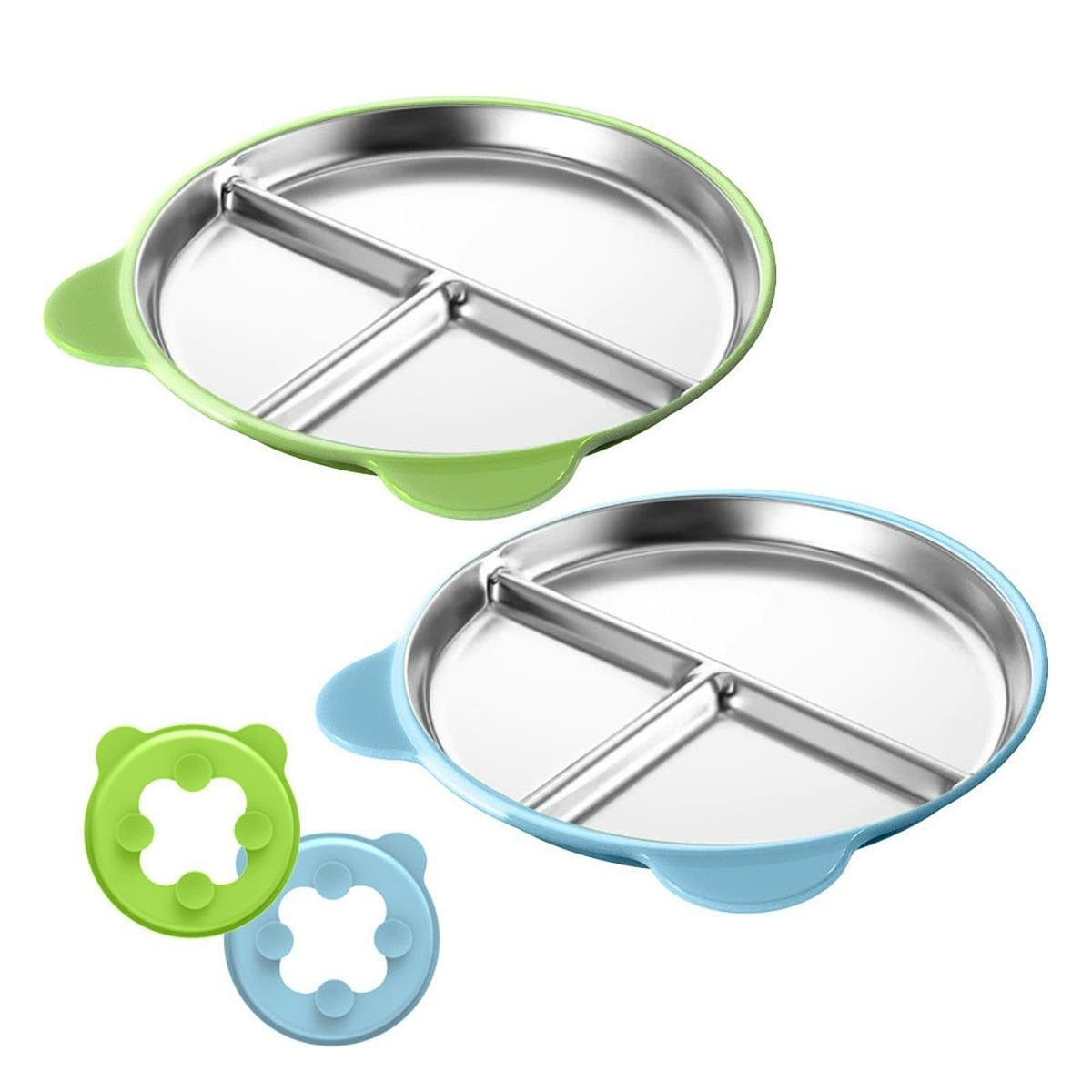 TRENDIVIBE Kids Plate with Suction Snack Bowl Portable Divided Non Slip Stainless Steel Green